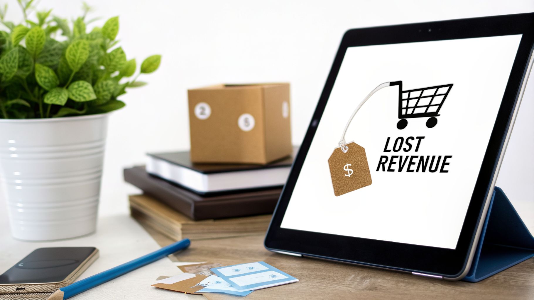 A tablet screen displays a shopping cart icon, a price tag with a dollar sign, and 'LOST REVENUE' text, symbolizing e-commerce challenges.