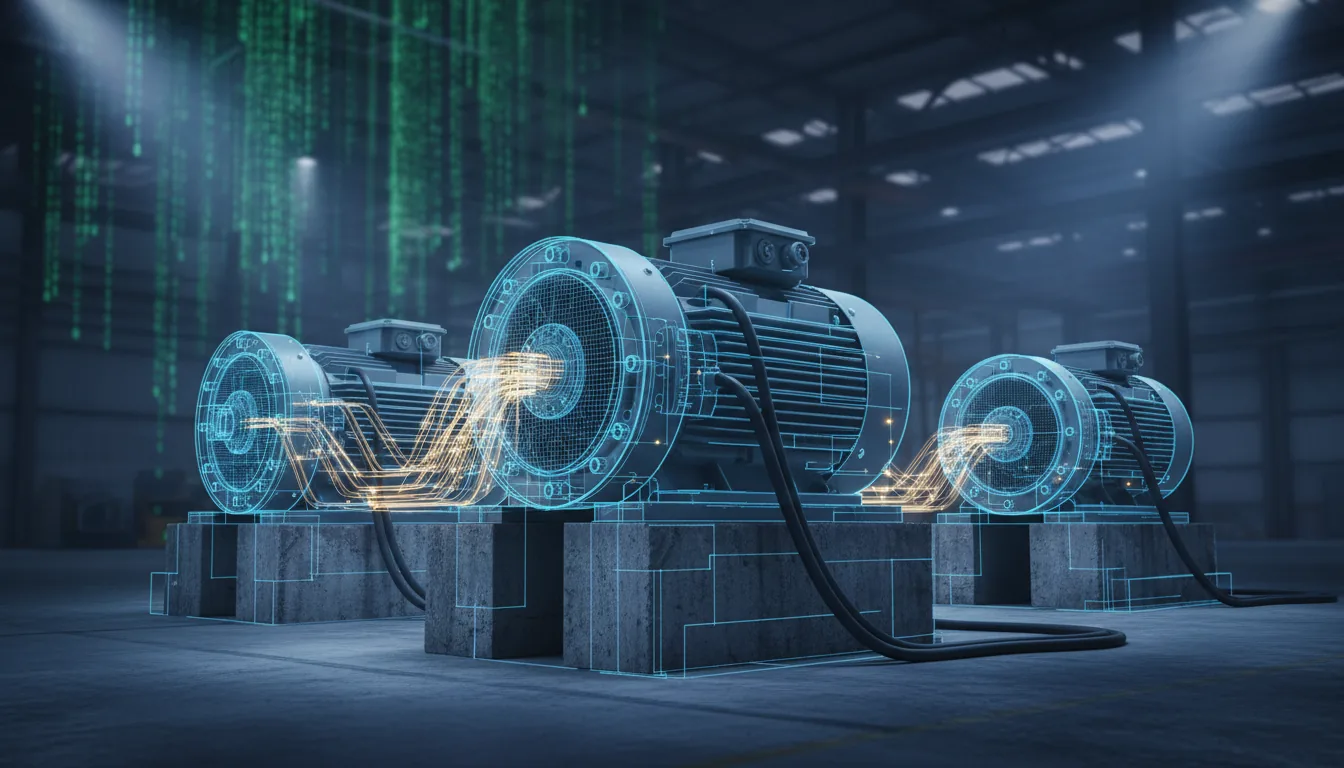 DSLR photography, high-tech digital twin visualization of large industrial electric motors on concrete blocks in a factory. A glowing blue wireframe schematic is perfectly superimposed on the physical machines. Luminous golden lines representing data flow connect points on the wireframe. Floating binary code streams in the background. Cool, cinematic industrial lighting with a shallow depth of field, sharp focus on the foreground.