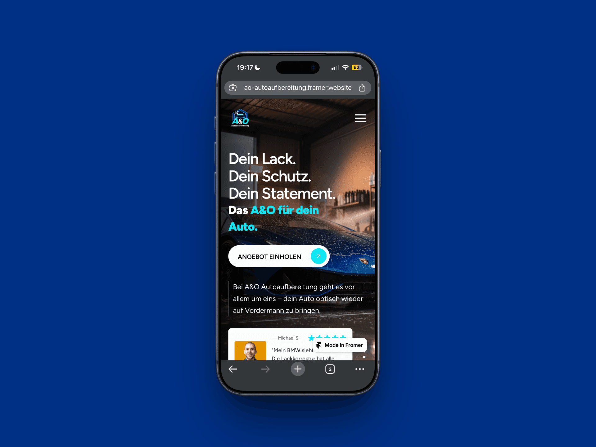 Dieses Bild zeigt den Hero der Startseite mit dem Claim „Dein Haar. Dein Stil. Dein Szenhaario.“ und einer kurzen Einleitung zum Angebot des Salons. Darunter sind drei große Vorher‑/Nachher‑ähnliche Hairstyling‑Fotos angeordnet, während oben der Call‑to‑Action „Jetzt Termin buchen“ mit der Telefonnummer hervorgehoben ist, um sofortige Kontaktaufnahme per Anruf zu fördern.