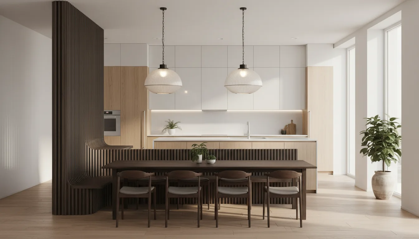 Photorealistic 3D architectural render of a modern Scandinavian-style kitchen and dining area, in the style of a SketchUp and V-Ray visualization. The scene features a dark wood dining table and chairs in the foreground. A unique floor-to-ceiling sculptural partition made of dark wood with vertical slats functions as a high-backed dining bench. Two translucent, bell-shaped pendant lights with a horizontal striped pattern hang over the table. The kitchen in the background has light wood lower cabinets, a white solid countertop, and glossy white handleless upper cabinets. The scene is lit with soft global illumination, creating diffuse, gentle shadows and a bright, clean atmosphere.