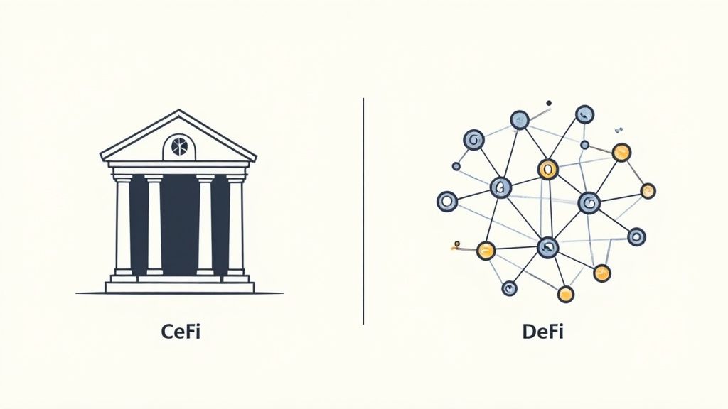 A split screen showing a traditional bank building on one side and a decentralized network graphic on the other, representing CeFi vs DeFi