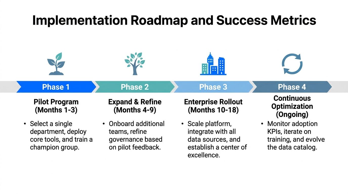 A four-phase implementation roadmap for rolling out enterprise data analytics software from pilot to continuous optimization.