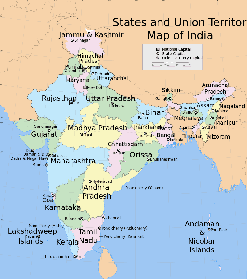 A map showing Indian state and territory borders and capitals.