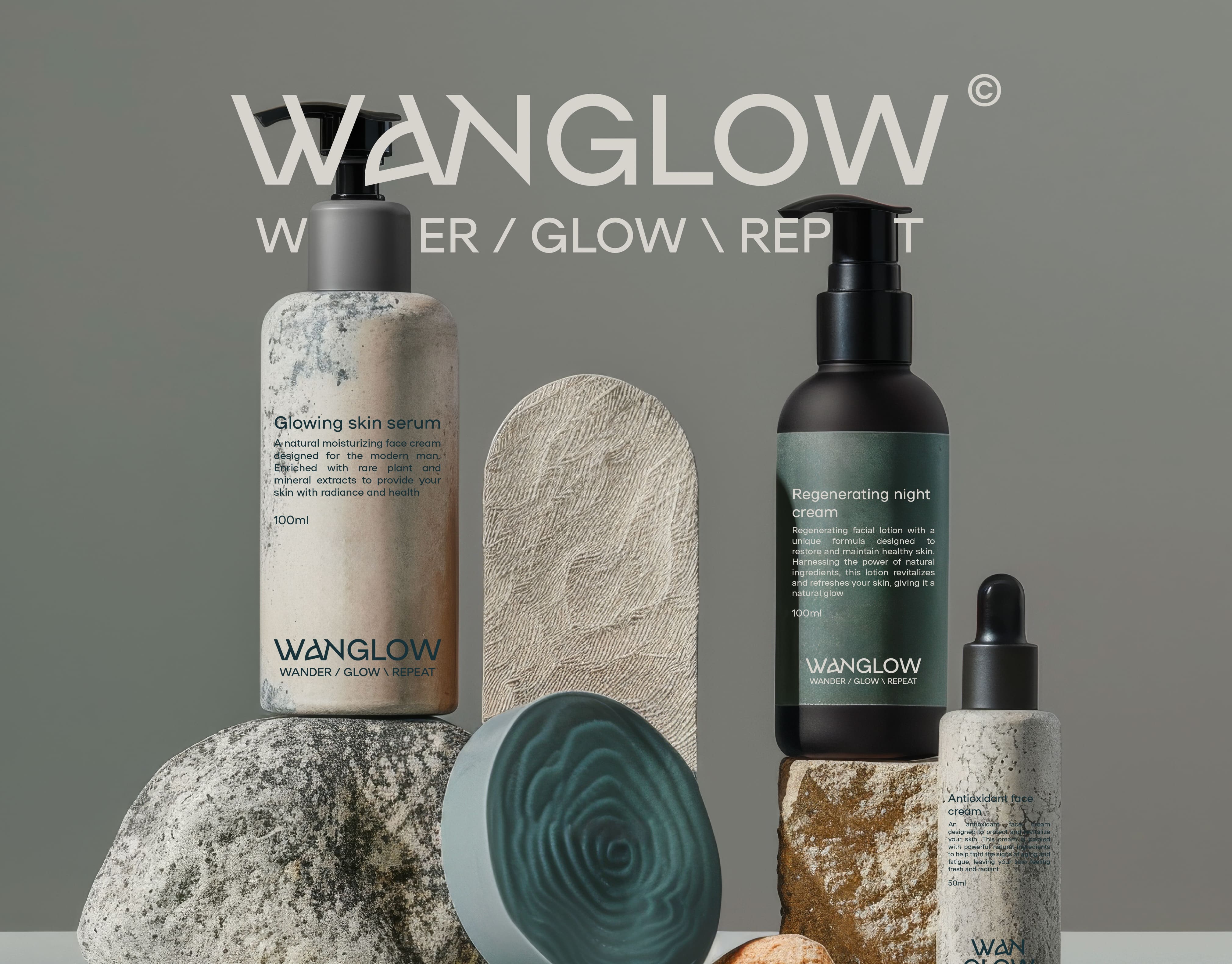 A modern skincare product display featuring three elegantly designed bottles on textured stone and wood bases against a soft gray background. The products include a Glowing Skin Serum, a Regenerating Night Cream, and an Antioxidant Face Cream, each labeled with minimalist, stylish typography. Natural elements like smooth pebbles and polished stones complement the organic aesthetic of the packaging, emphasizing a tranquil and refreshed vibe. The brand name, WANGLOW, is prominently featured at the top.