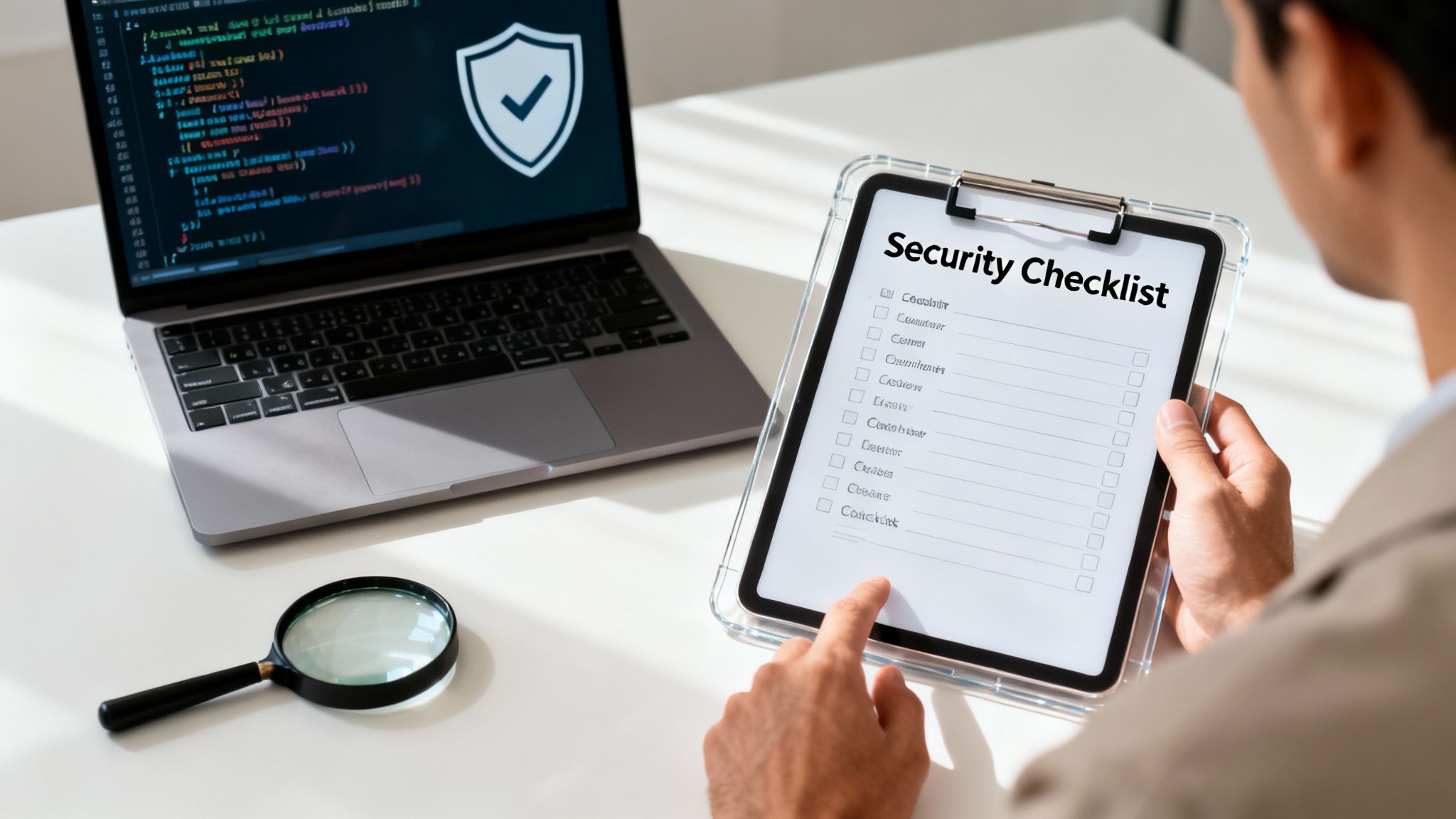 Man reviewing a digital security checklist on a tablet, with a secure laptop showing code.