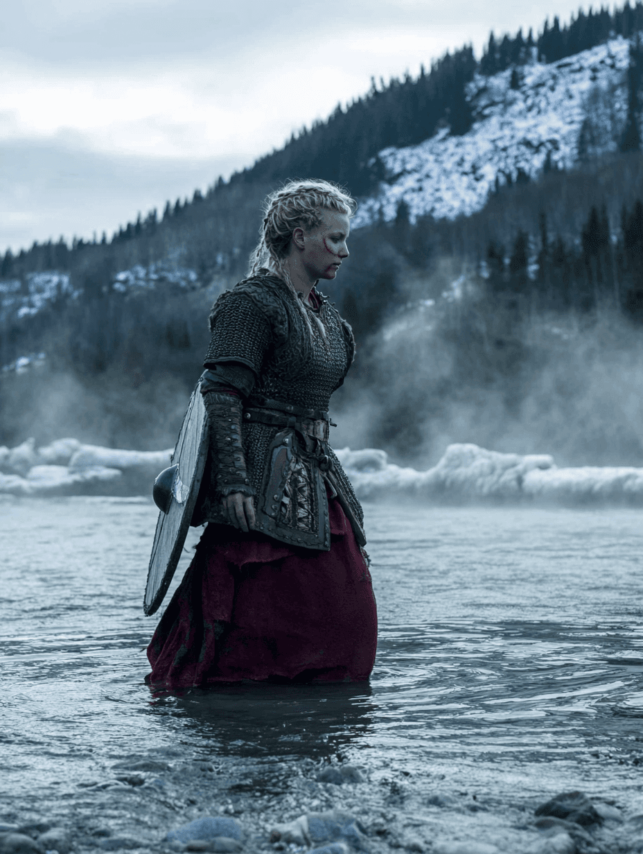 A blond Viking shield-maiden in chainmail and red skirt wades through a mist-covered river, snowy pine mountains rising behind her under a cold grey sky.