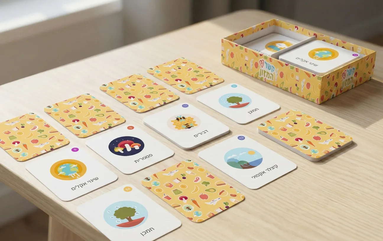 The "Food Connection" card game set, including the illustrated box and cards arranged on a wooden table.