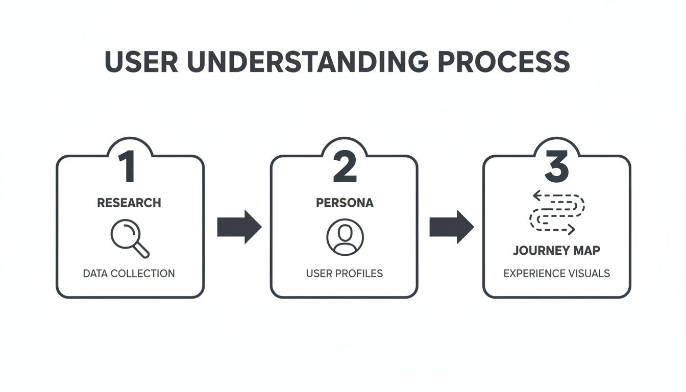 Flowchart illustrating the user understanding process: Research, Persona creation, and Journey Mapping steps.