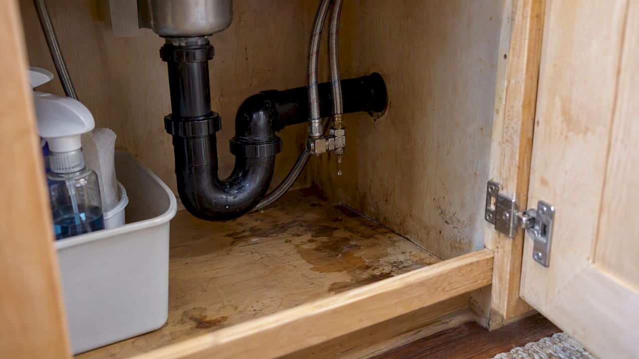 Damp cabinet base beneath a leaking sink connection