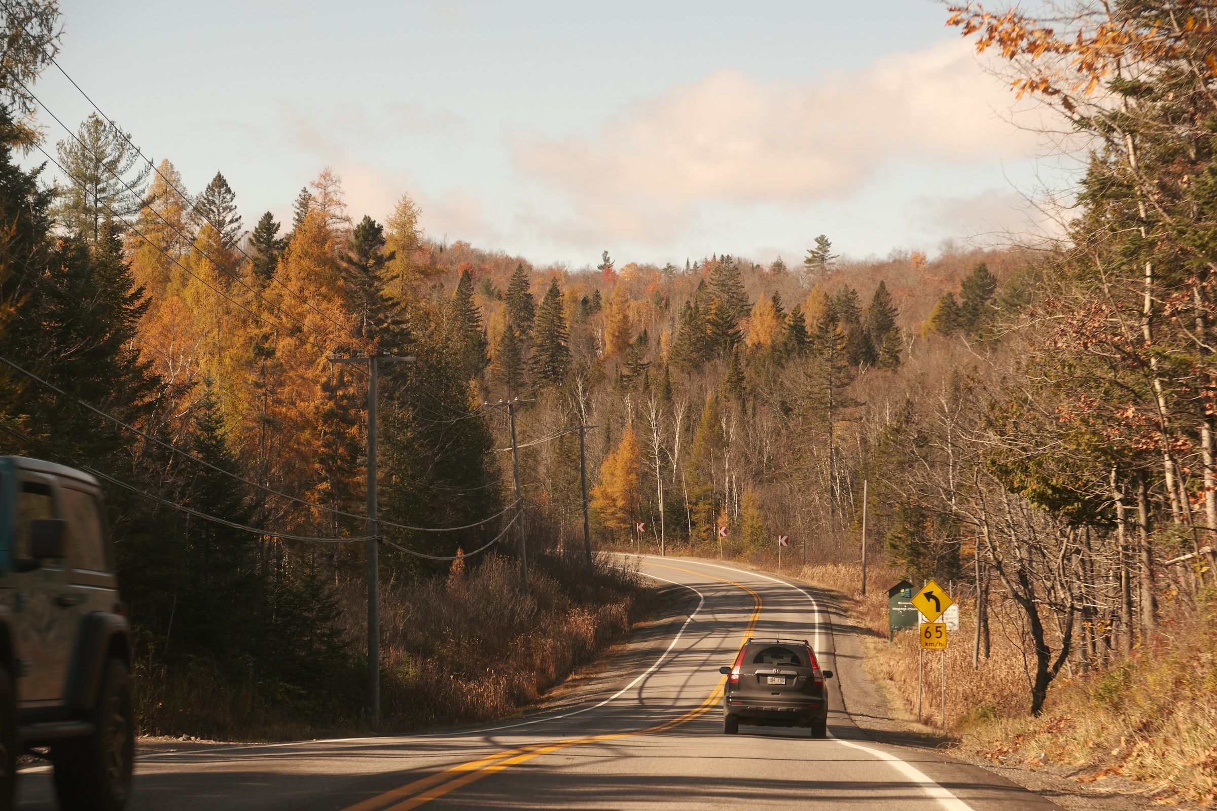 Car driving through a Quebec forest road