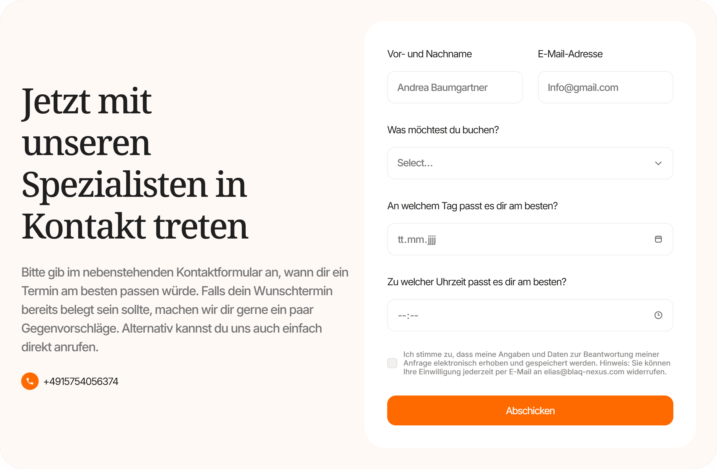 eine website-sektion, in der sich ein kontaktformular befindet