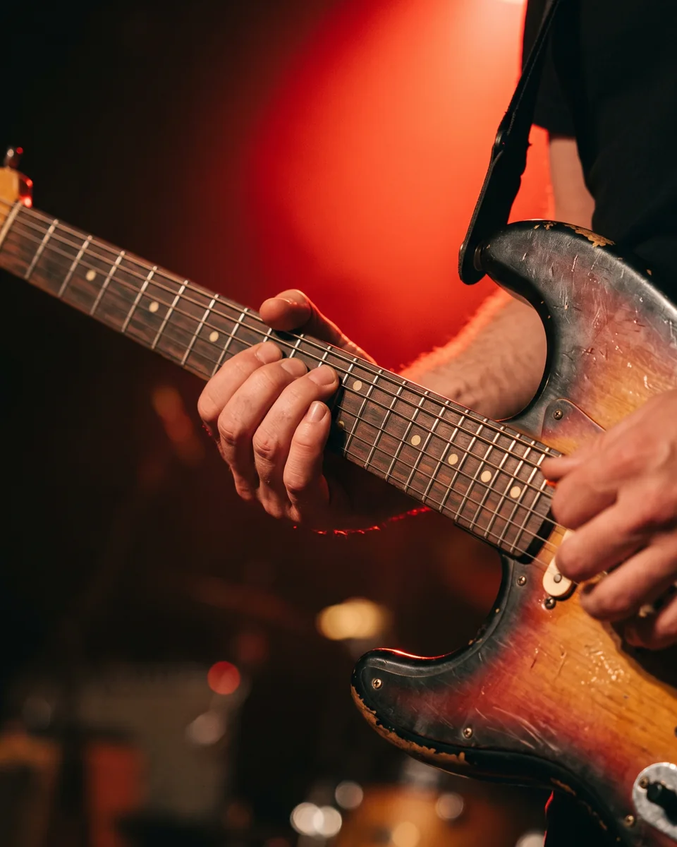 Hands on guitar strings under warm red stage light