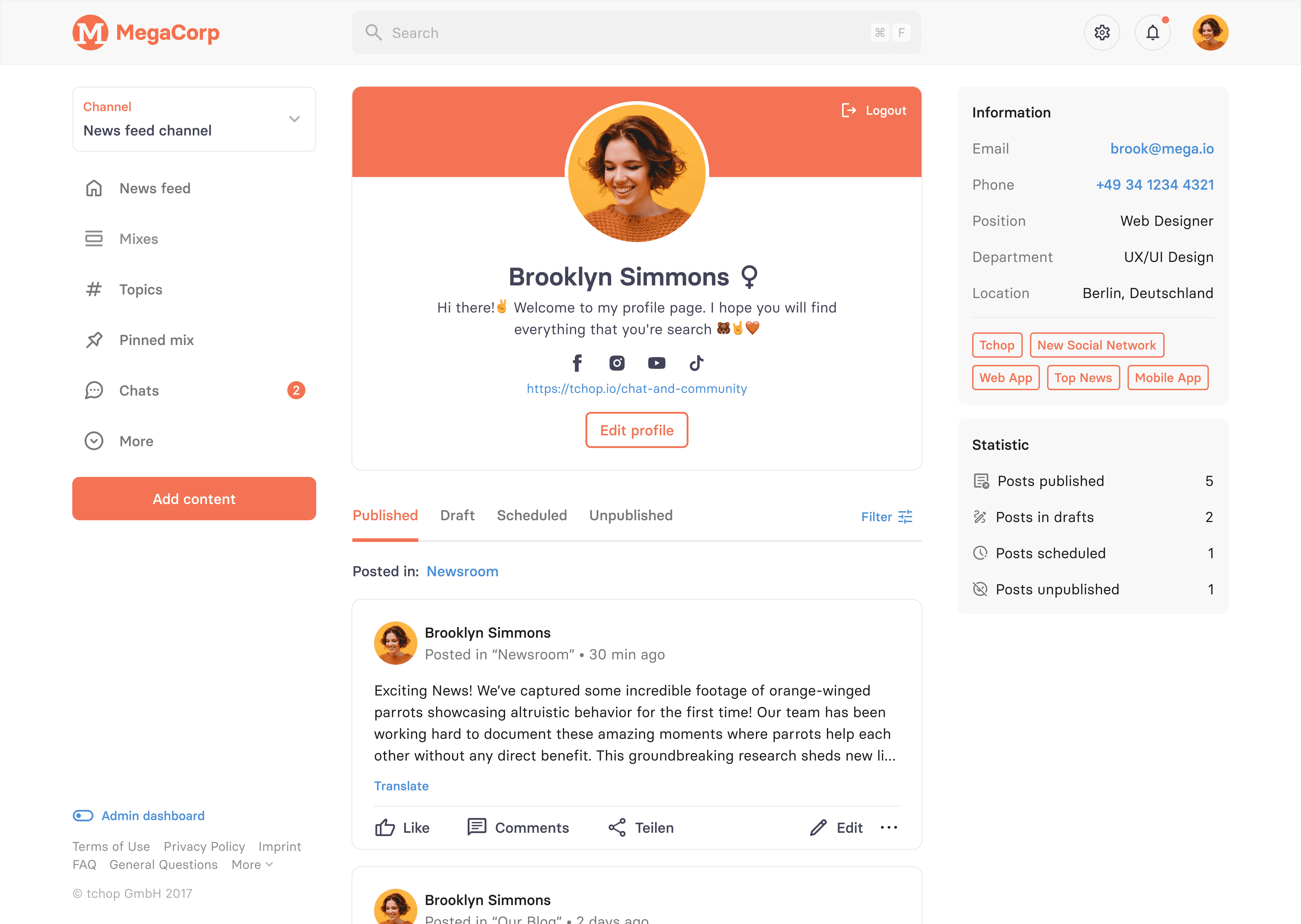 tchop™ Web-App Benutzerprofilseite mit persönlichen Angaben, Links zu Social-Media-Profilen, veröffentlichten Inhalten und Benutzerstatistiken, einschließlich Entwürfen und geplanten Beiträgen.