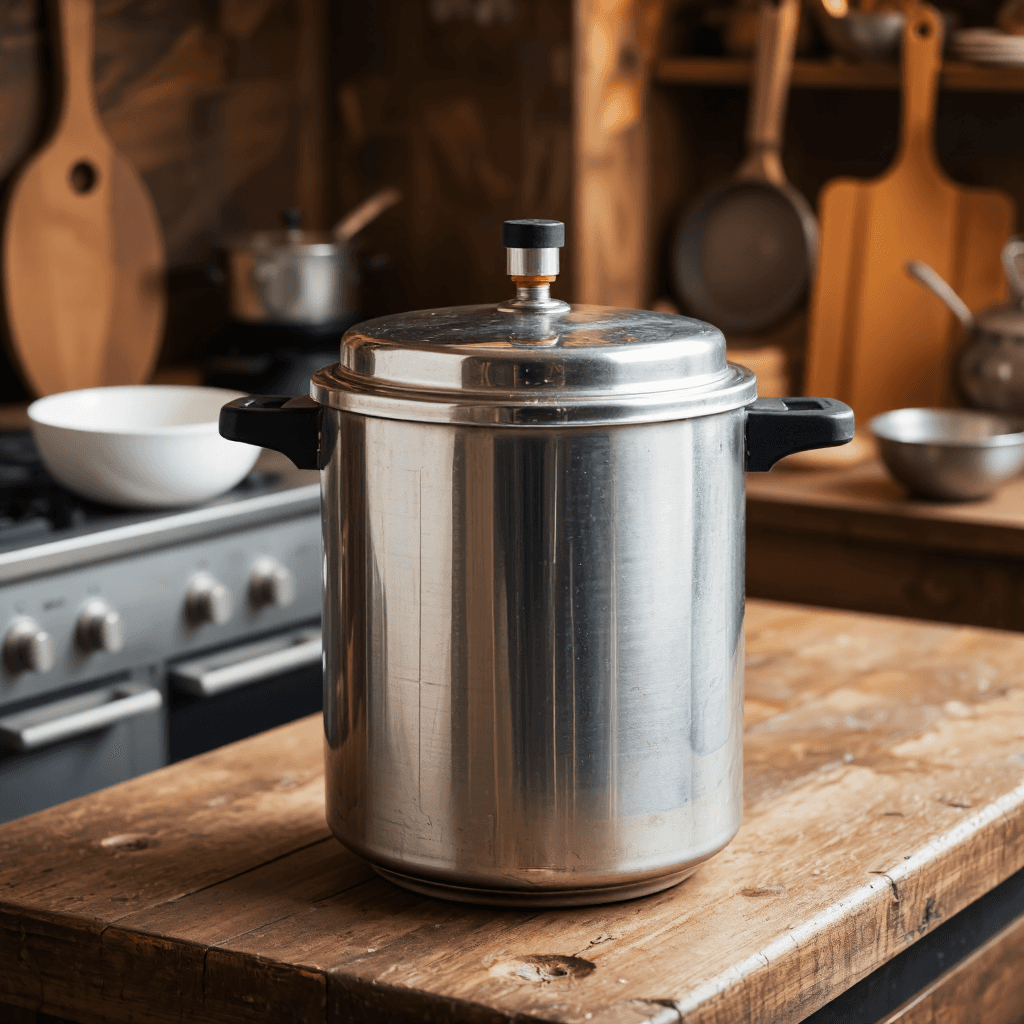 product photography of a stainless steel pressure cooker with a safety valve and handles