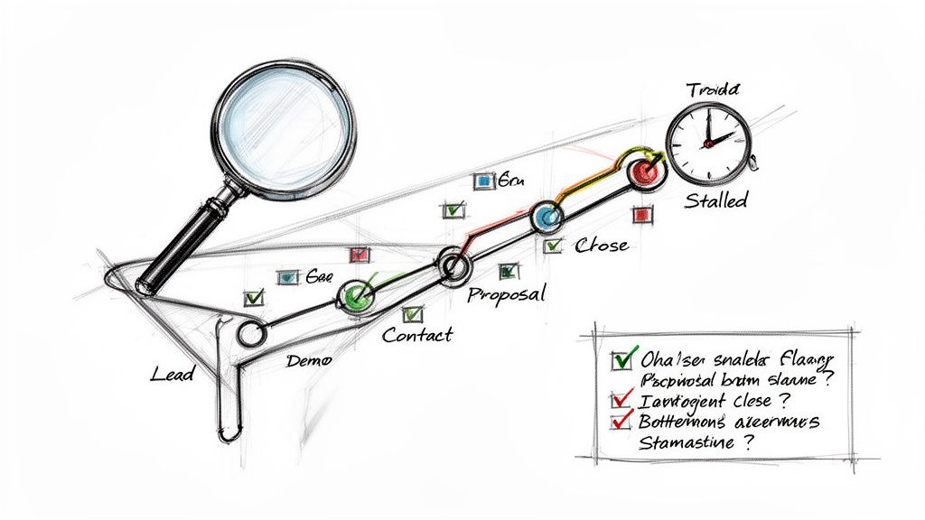 A hand-drawn sketch illustrating a sales process pipeline from lead generation to close, including a stalled stage.