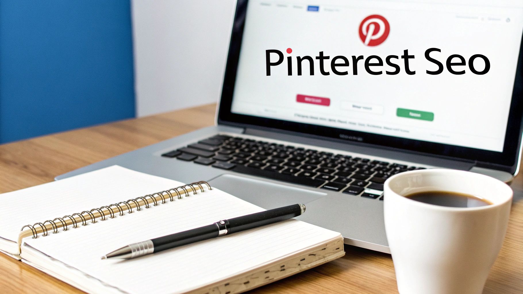 Laptop displaying Pinterest SEO strategy on a wooden desk with a notebook, pen, and coffee, representing digital marketing.