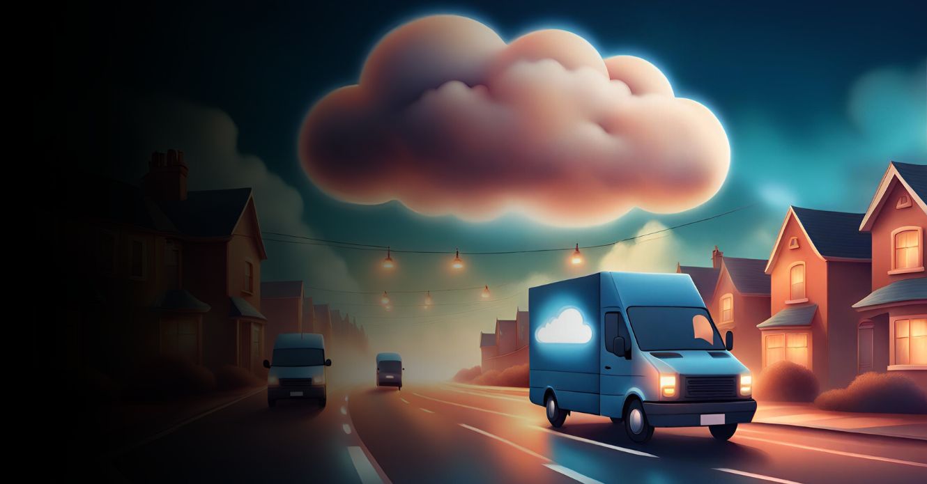 Cloud-themed delivery vans driving under glowing cloud in suburban street