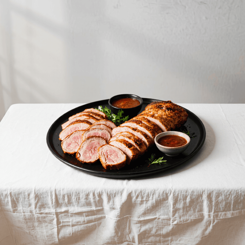 product photography of a plate of sliced roasted meat with dipping sauce