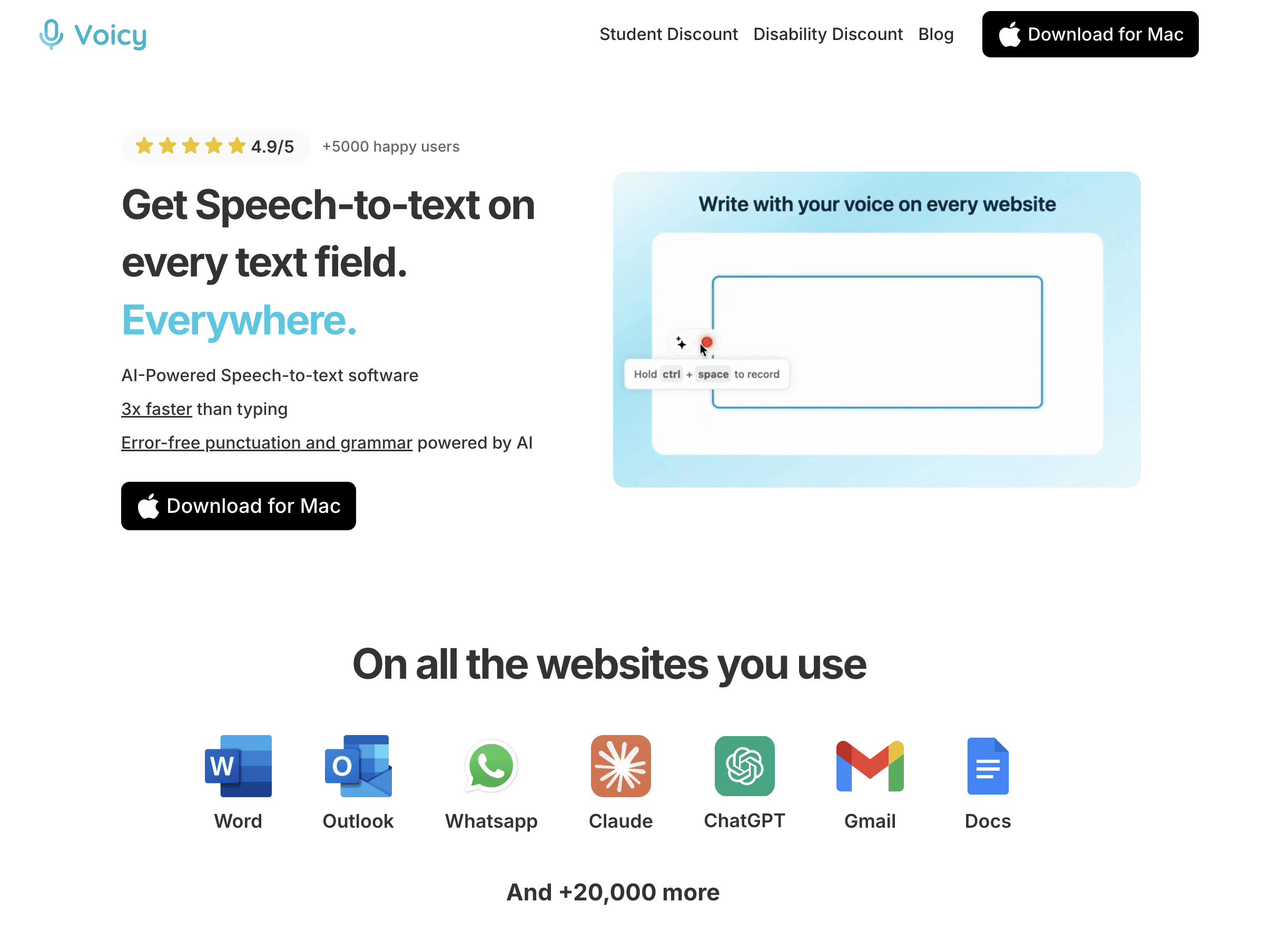 Voicy speech to text homepage screenshot