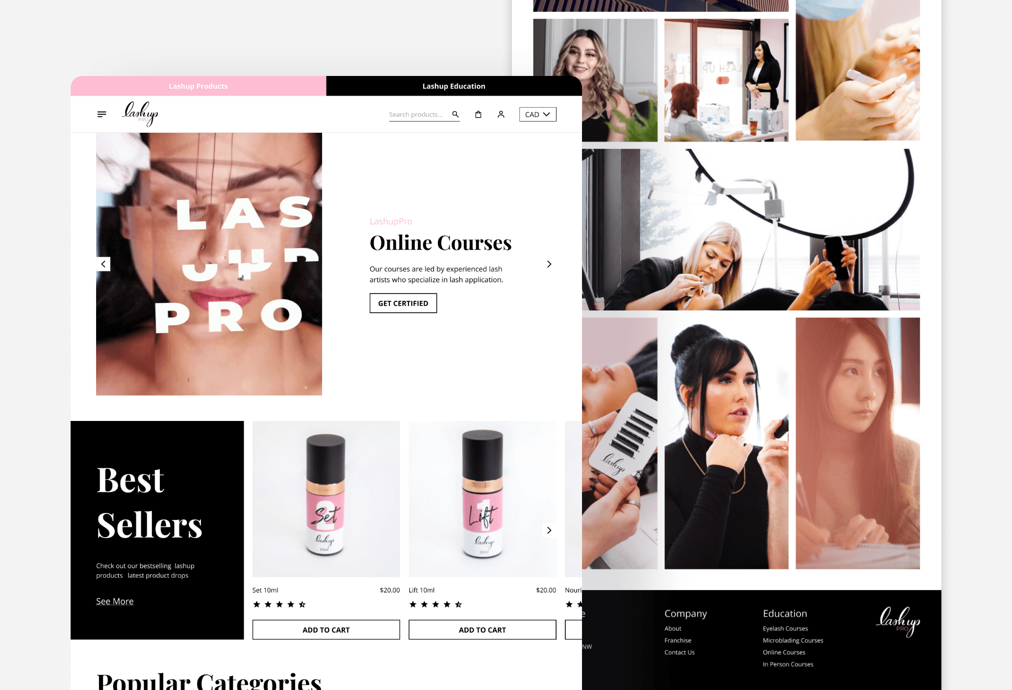 Homepage of Lashup, an online store offering lash products and courses, featuring a banner for online certification courses, a best-sellers section with lash products, and a collage of images showing lash artists working and teaching. The page also highlights popular categories and customer shopping options.