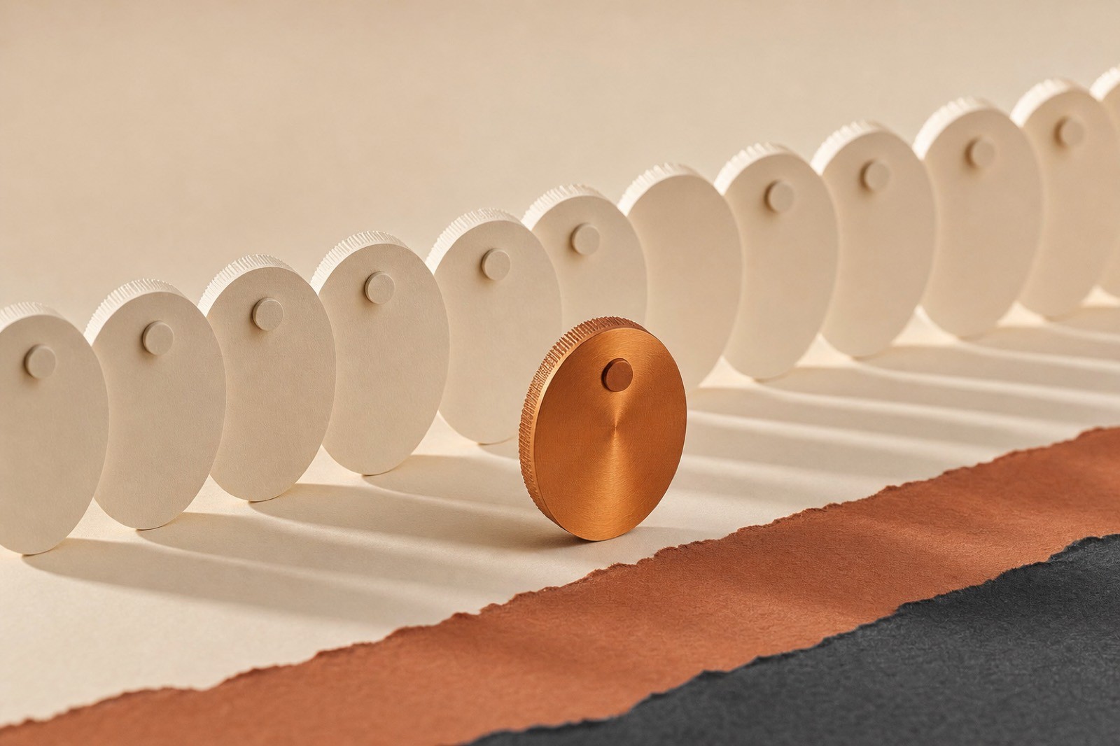 A long row of identical cream paper dials with one brushed amber dial stepped forward out of the line
