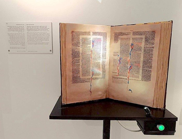 The sixth-century edict of Roman Emperor Justinian I, which made possession of tekhelet by commoners a capital offense. Photo courtesy of Ptil Tekhelet.
