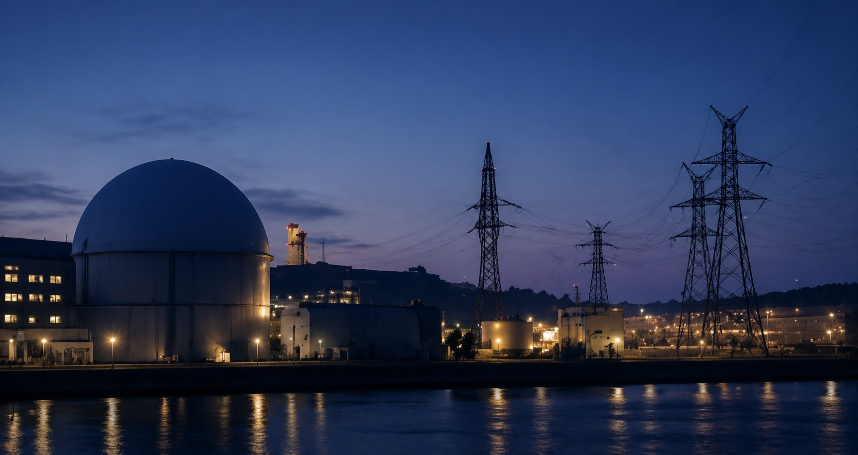 Vue nocturne d’une installation énergétique avec dôme industriel, pylônes électriques et éclairages techniques.