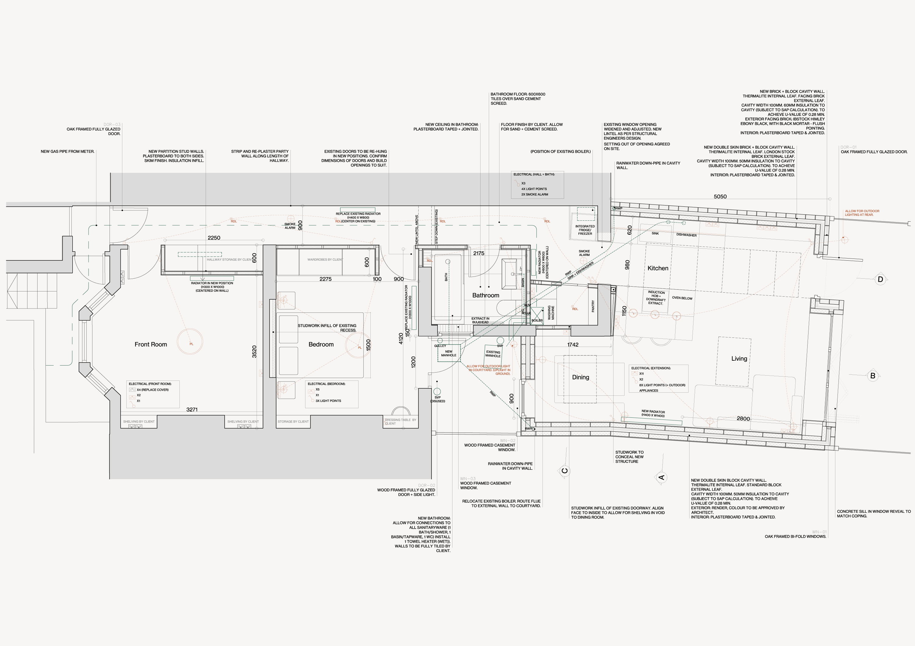 Stage 4 technical drawing package showing plans, sections, elevations and construction details for rear extension, Shardeloes Road — Alec Crisp Architects