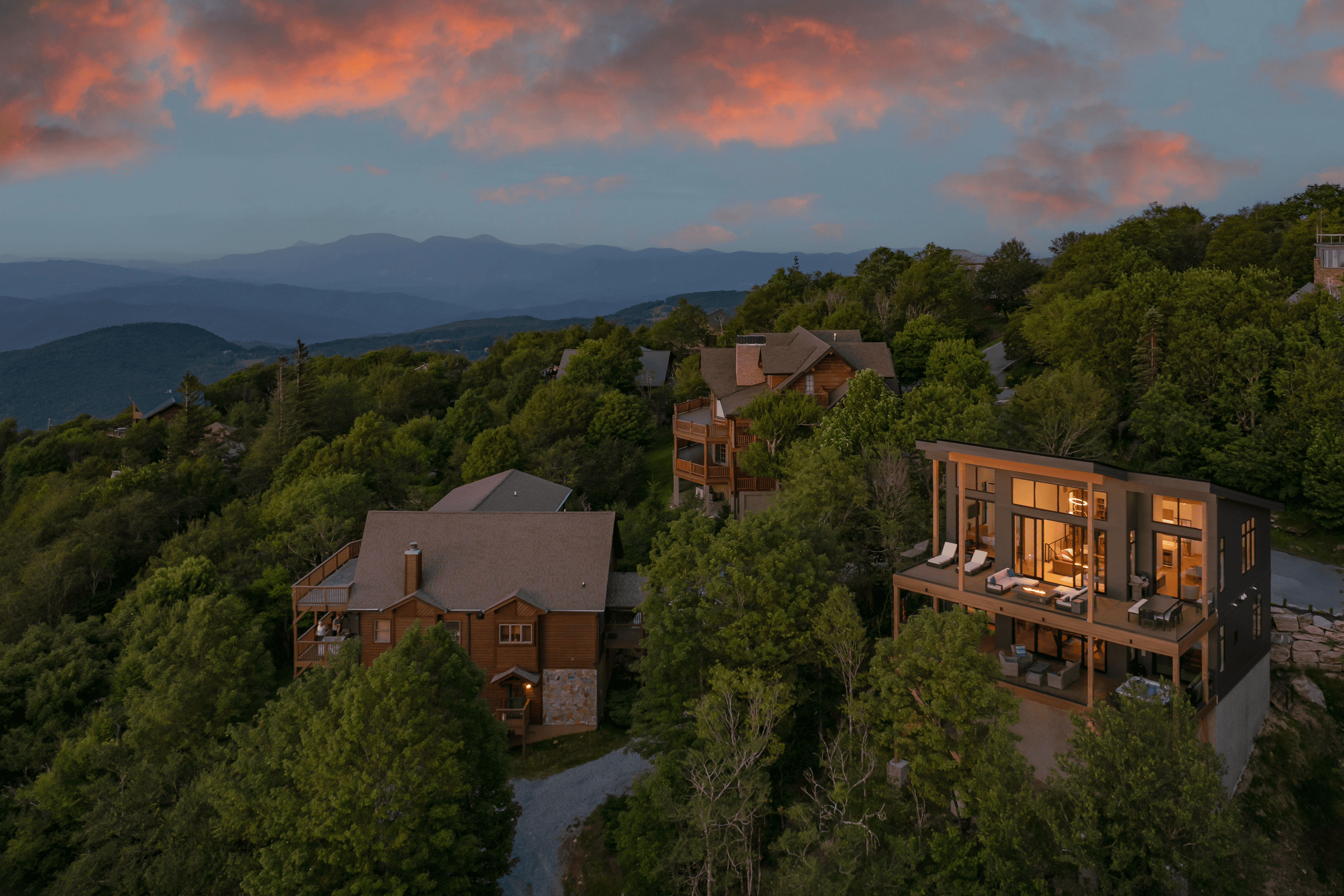 beech harmony view with blue rifhe mountains in the background at sunset