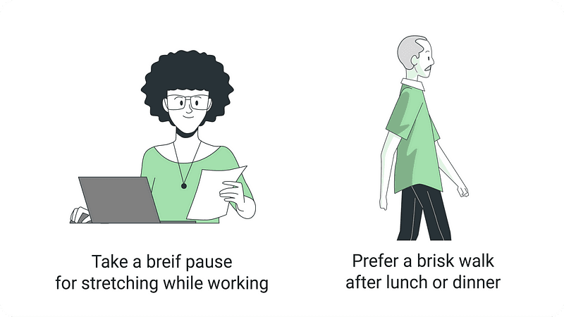 Take breif pause for stretching while working, prefer a brisk walk after lunch or dinner