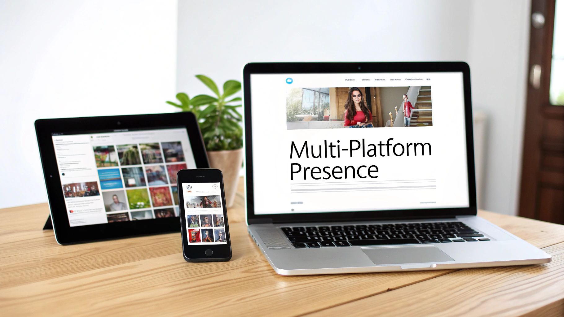 Three digital devices on a wooden desk: a tablet, smartphone, and laptop showcasing multi-platform content.