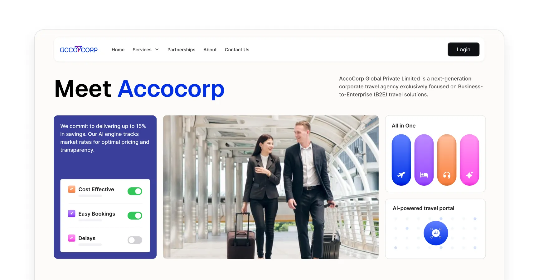 A business traveler with a suitcase gazes out a large airport window as a plane takes off, symbolizing seamless corporate travel and easy bookings, with an adjacent web interface highlighting travel services and contact options.