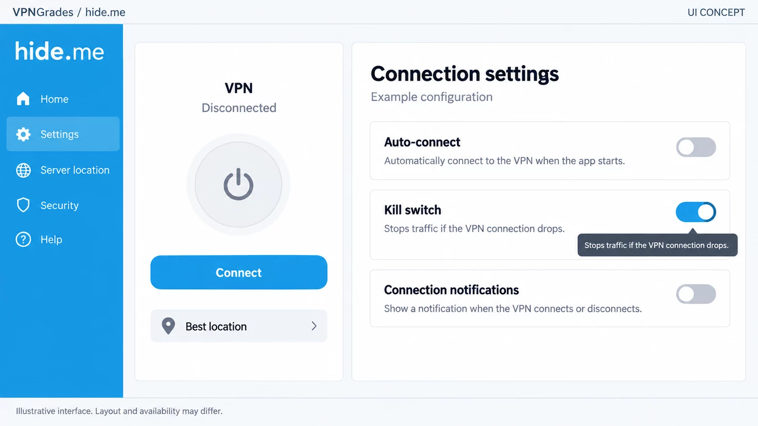 hide.me: connection settings with a kill switch control (illustration).