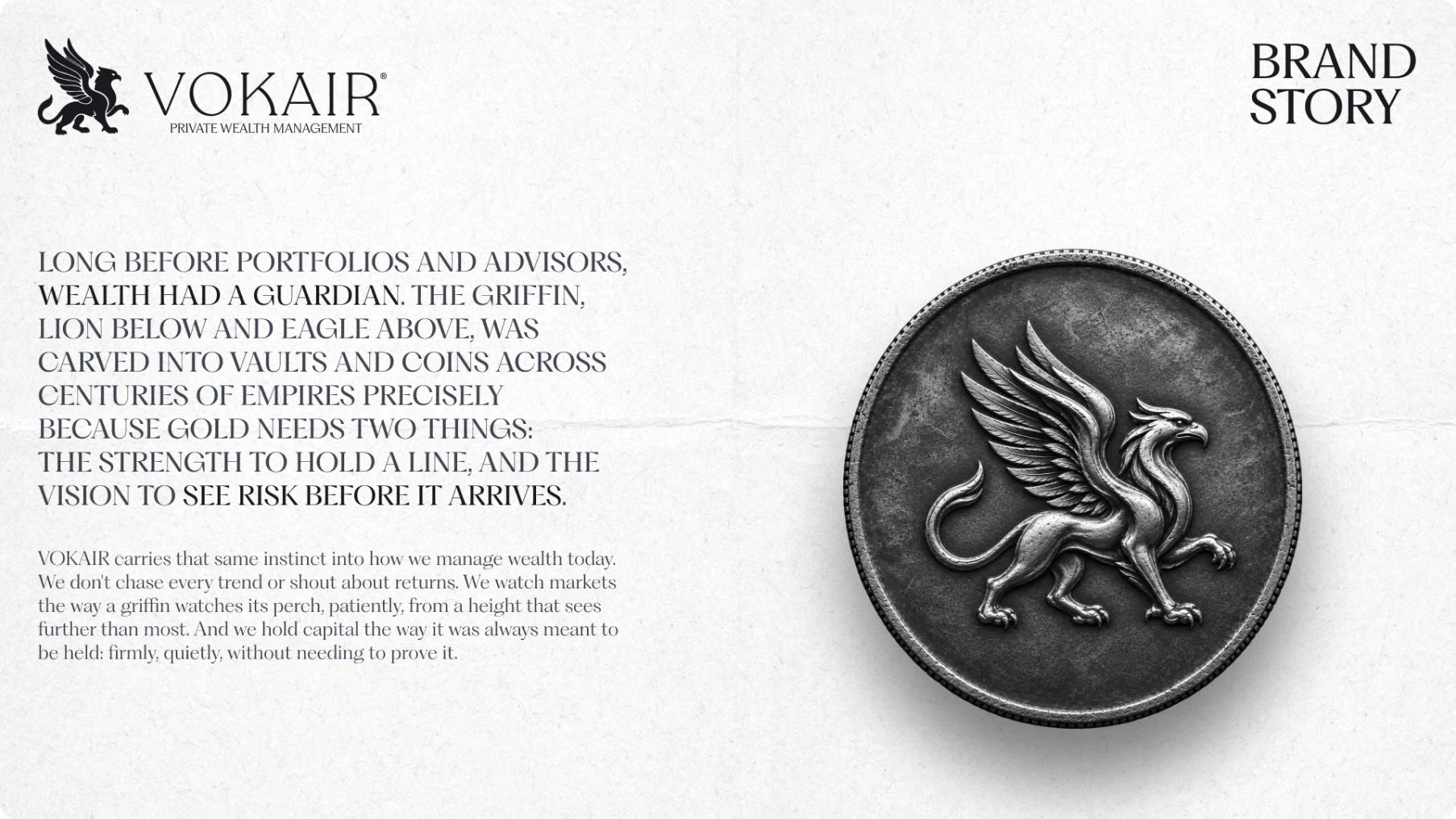 Vokair brand story card with a winged griffin logo and embossed silver coin, alongside text about wealth, guardianship, legacy, and strength.