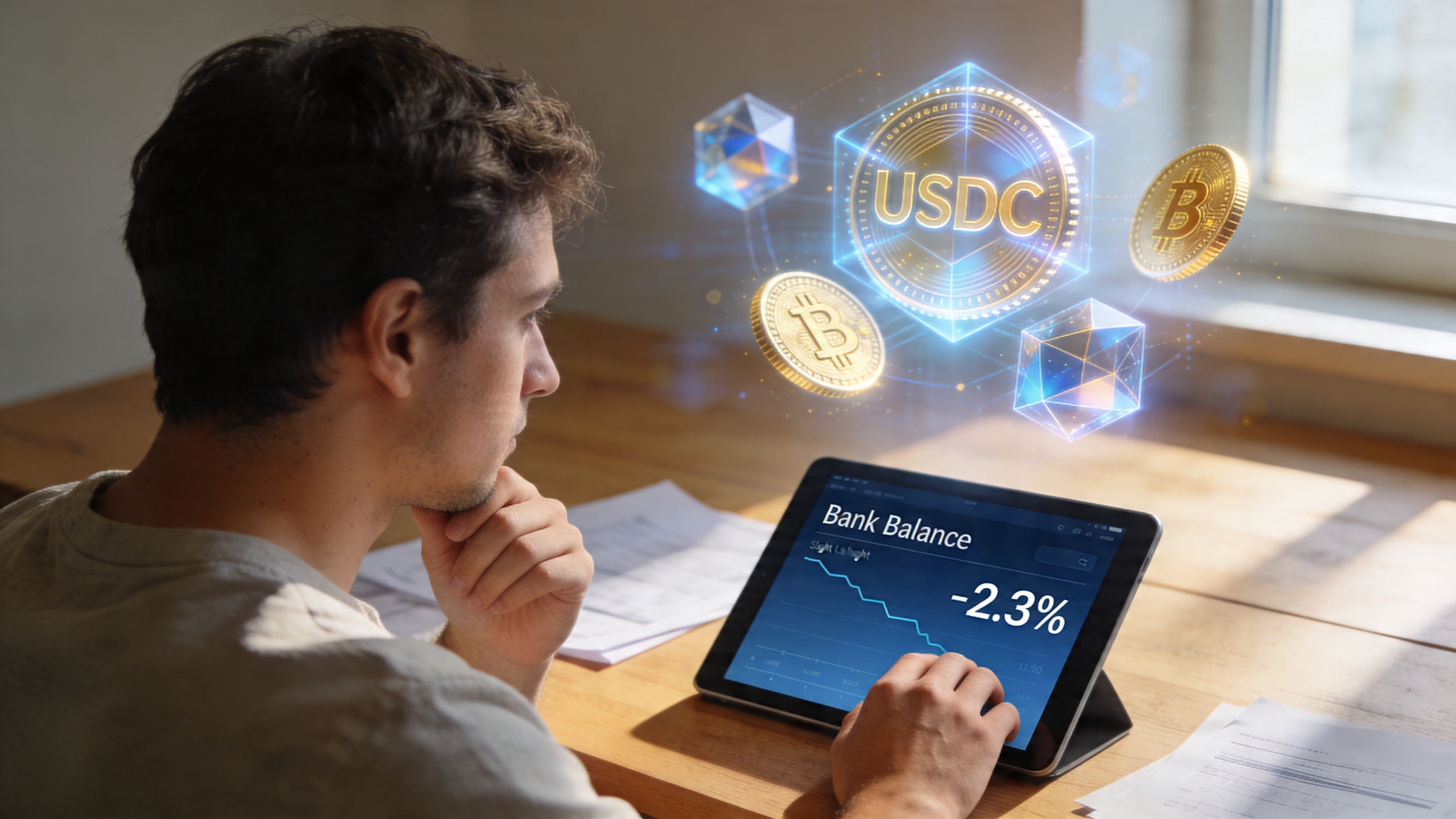 A man sits at a desk using a tablet showing a negative bank balance with floating crypto symbols.