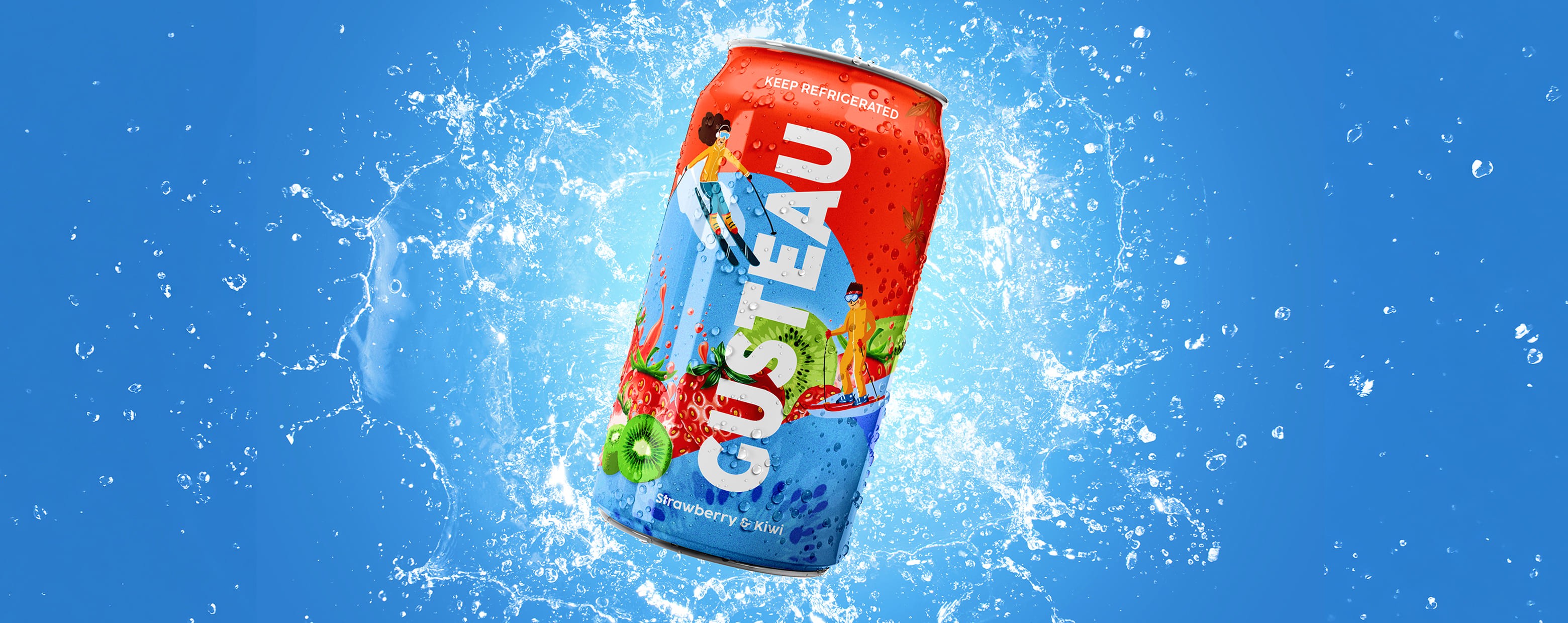 Gusteau strawberry and kiwi soda can packaging design mockup