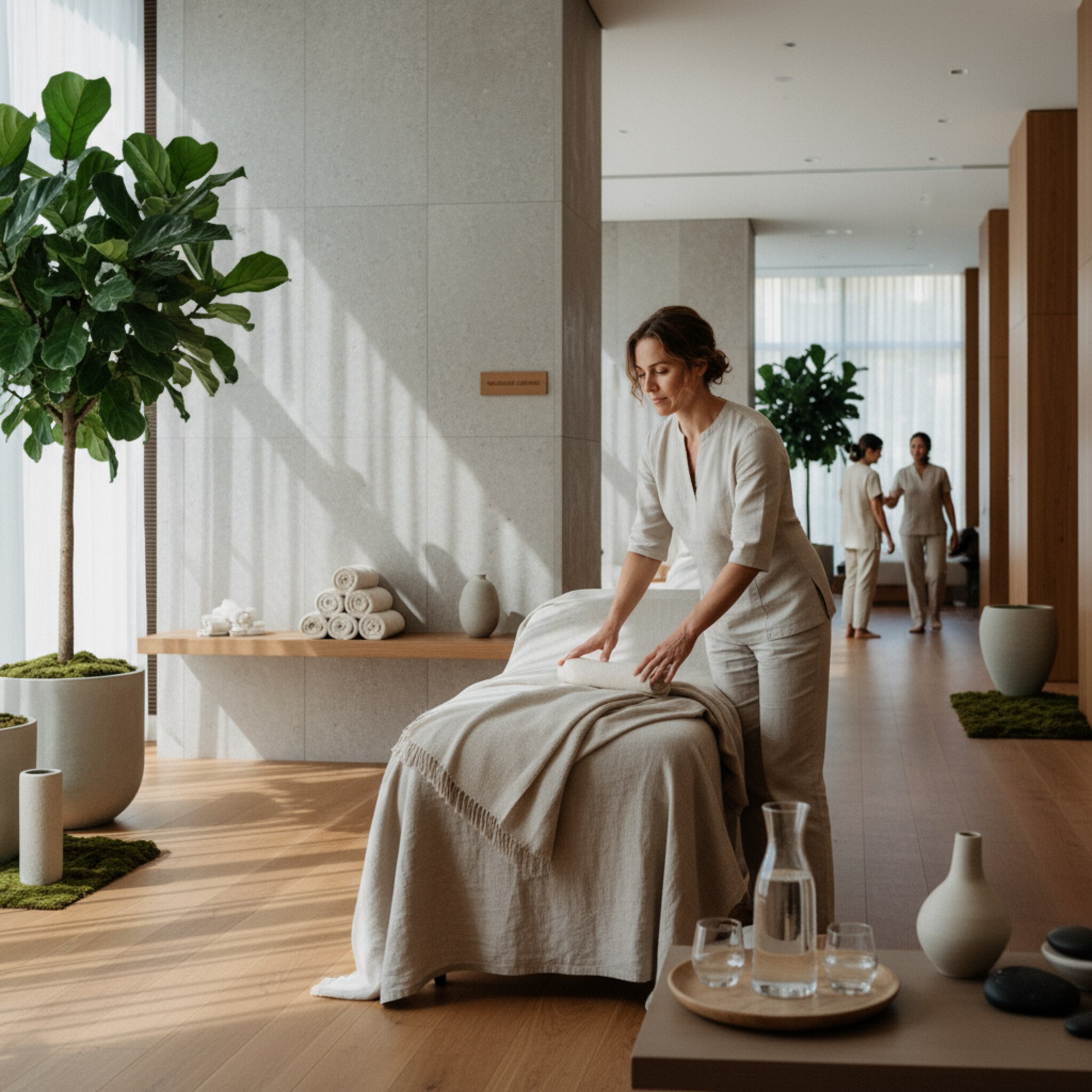 Ein ruhiger Spa-Bereich mit warmem Holz, aufgerollten Handtüchern und sanftem Licht. Eine Liege steht bereit, Wasserperlen glitzern auf einer Karaffe. Ein Mitarbeiter legt behutsam eine frische Decke zurecht. Die Atmosphäre vermittelt Ruhe und klare Struktur.