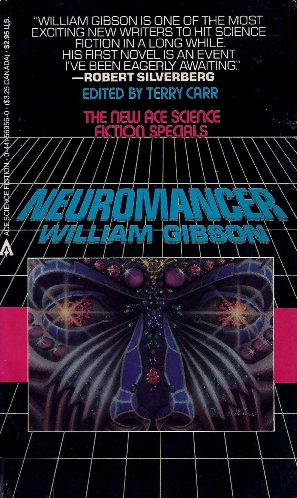 Cover of the book "Neuromancer" by William Gibson, featuring a futuristic design with abstract, symmetrical shapes in vibrant colours against a dark background.