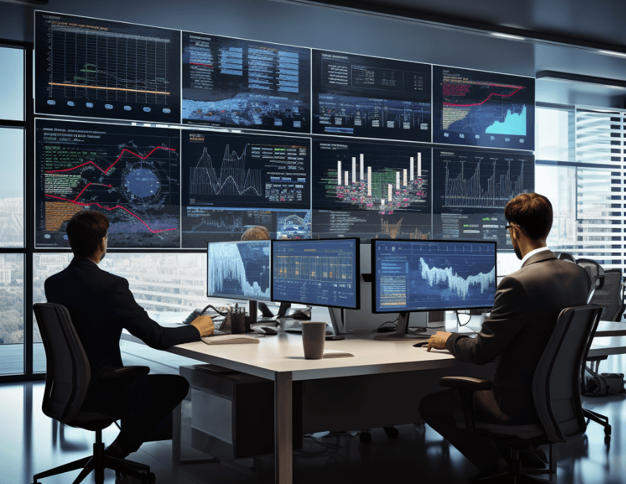 Data Analysts in a command centre room analysing BigQuery logs displayed on various Business Intelligence dashboards.