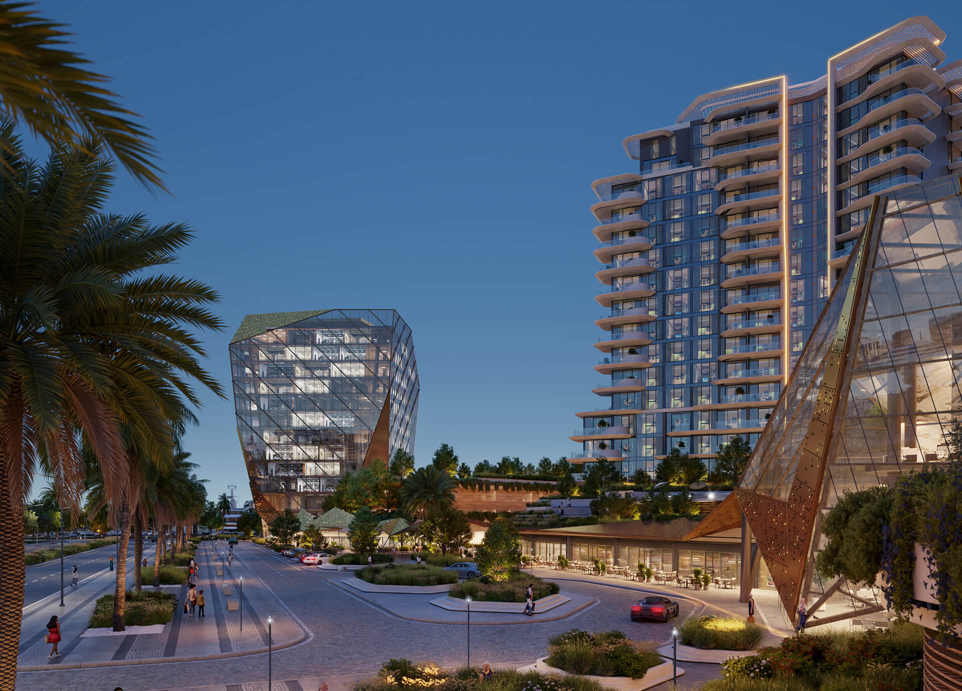 A striking tall building with balconies on top is situated in Portside Square, adding to the urban landscape.