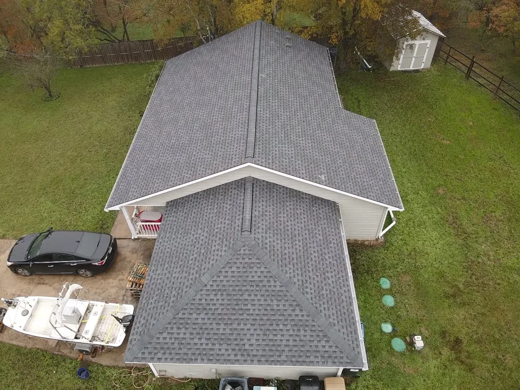 Drone view of a gray architectural shingle roof in San Antonio, Texas, completed in 2023.