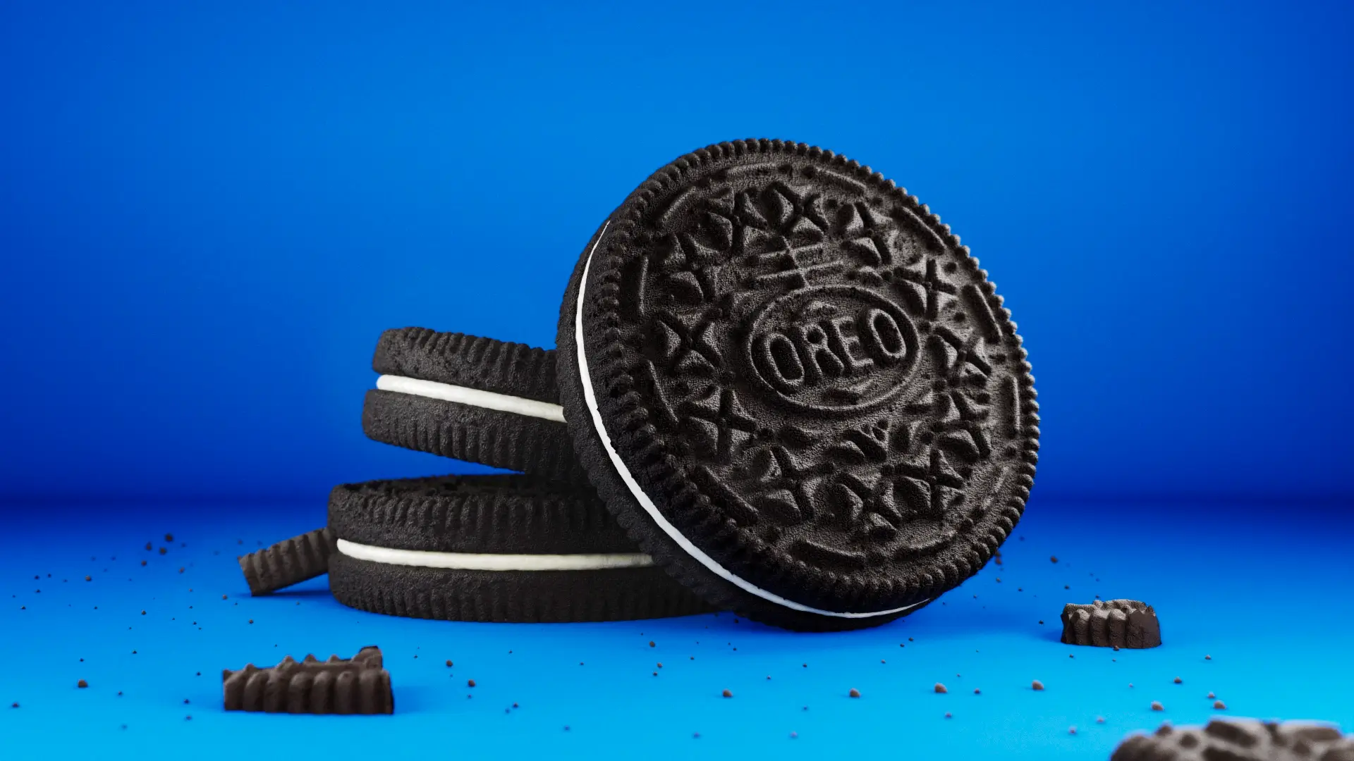 3D clay render (ambient occlusion) of a stack of Oreo cookies, showing the raw geometry and detailed surface texture without colors.