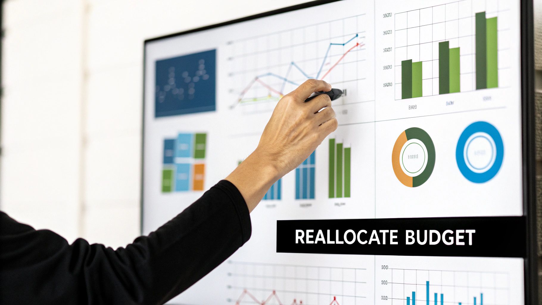 A hand points at a large screen displaying financial charts, graphs, and the text 'REALLOCATE BUDGET'.