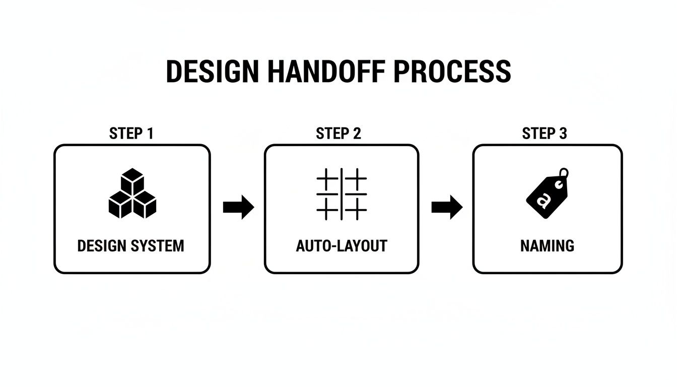 A design handoff process flowchart showing three steps: design system, auto-layout, and naming.