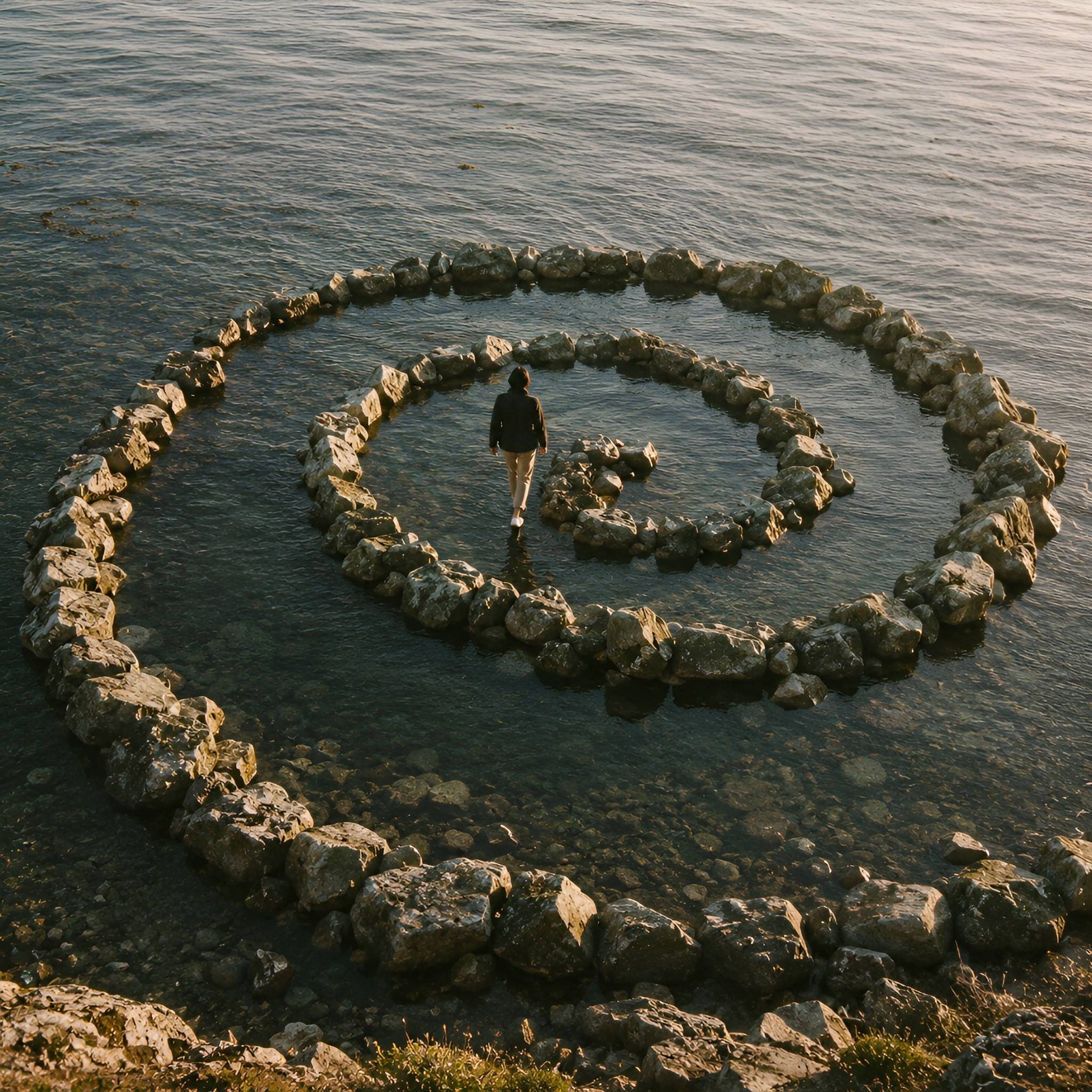 Slightly overhead view of rocks arranged in a natural spiral formation, surrounded by calm water with soft texture and minimal detail.
