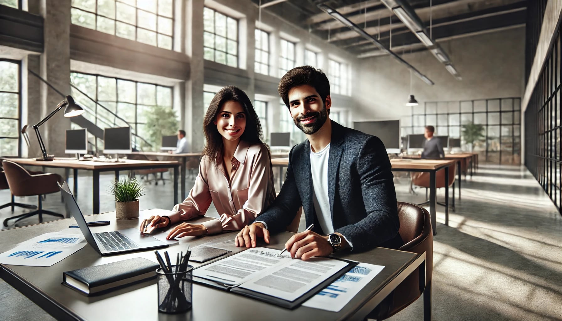 Um homem e uma mulher trabalhando juntos em uma mesa em um escritório moderno. Ambos estão vestidos com roupas casuais e elegantes. Eles têm documentos e laptops à sua frente. O escritório possui móveis elegantes, grandes janelas com luz natural entrando e decoração contemporânea. A imagem tem uma sensação natural e espontânea, com profundidade de campo sutil, reflexos de lente.