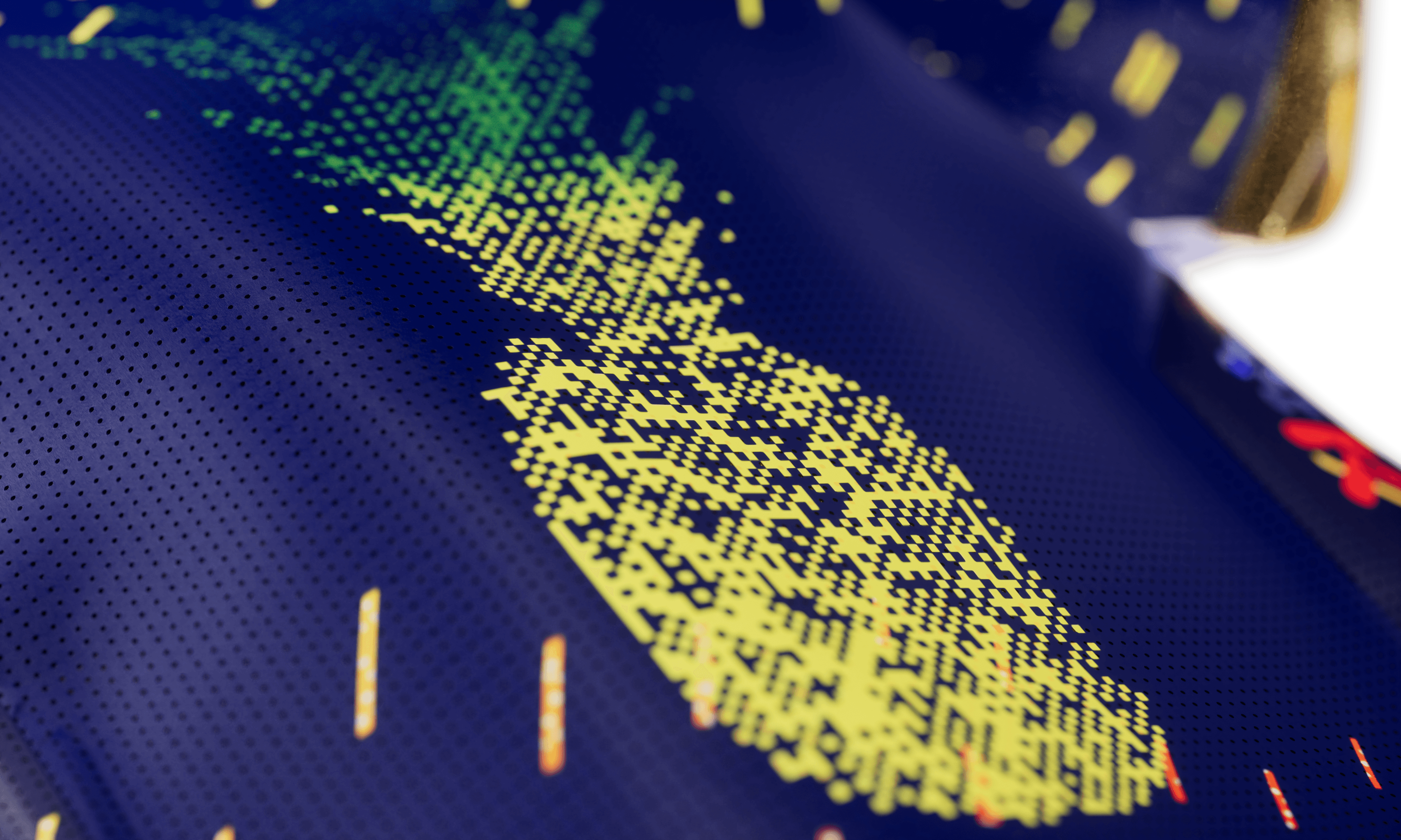 Close up 3D rendered perforated navy blue surface with a yellow green dot matrix pattern resembling a data visualization or textile detail