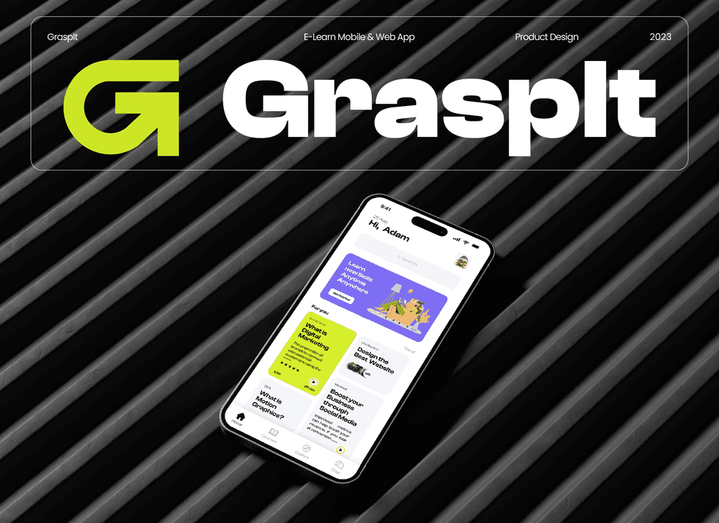 The image depicts a sleek smartphone displaying the GraspIt app interface, featuring educational content in bright colors, set against a textured, dark background with GraspIt branding above.