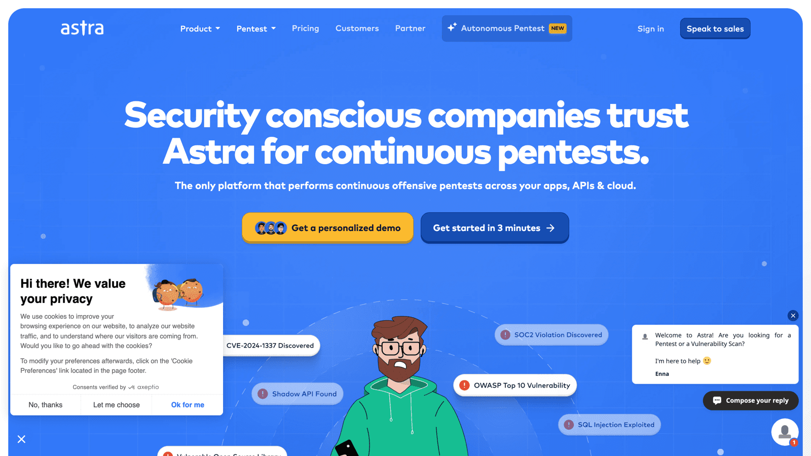 Astra Security homepage showing the PTaaS platform under the headline Security conscious companies trust Astra for continuous pentests