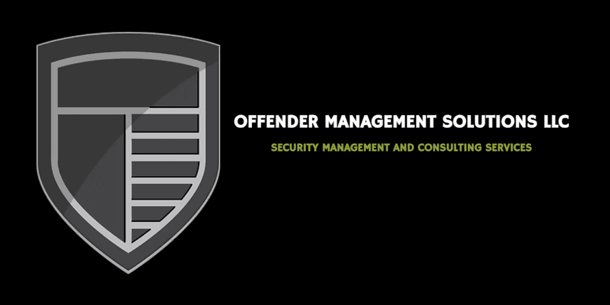 the Offender Management Solutions LLC logo, a shield with text highlighting their security and consulting services.